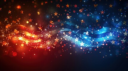 Obraz premium Colorful sparkling abstract background with red and blue swirling lights and star shapes, perfect for celebrations and festive occasions.