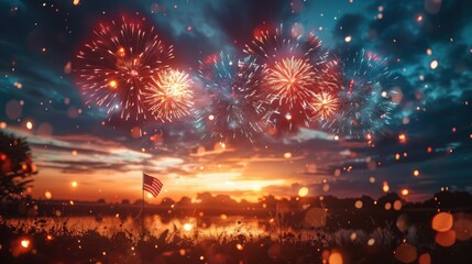 Vibrant fireworks light up the night sky over a serene landscape, capturing the essence of celebration and patriotism at sunset.