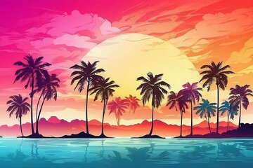 tropical sunset with trees