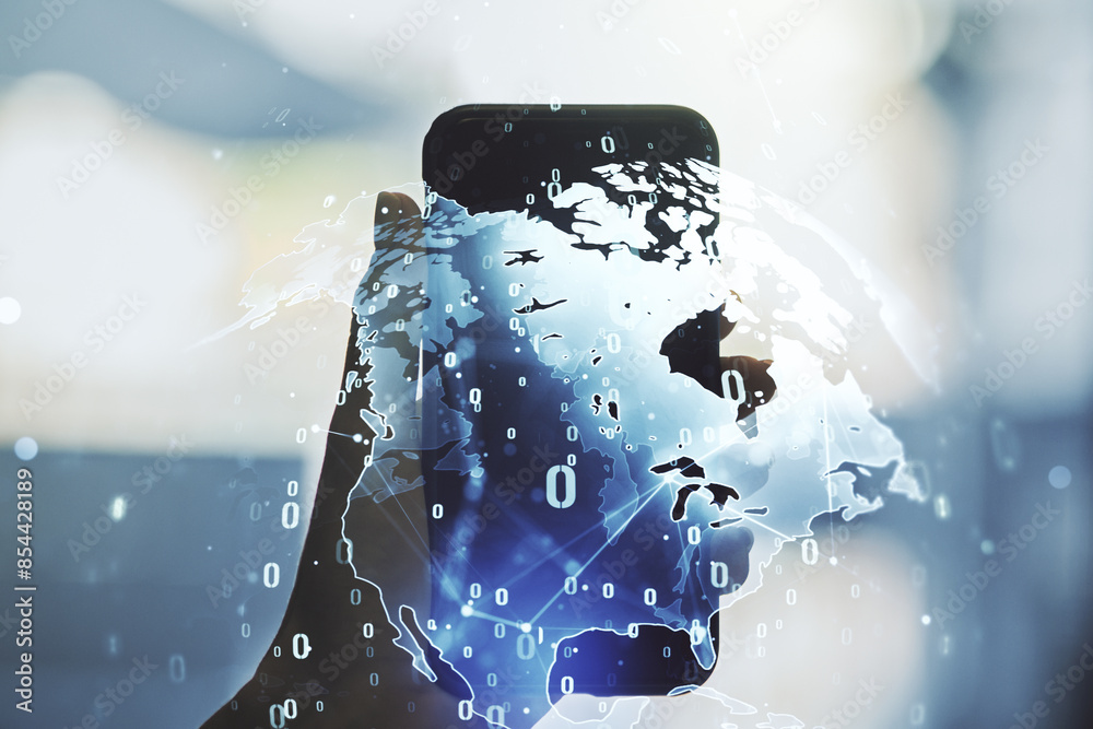 Poster multi exposure of abstract software development hologram with world map and hand with cell phone on 