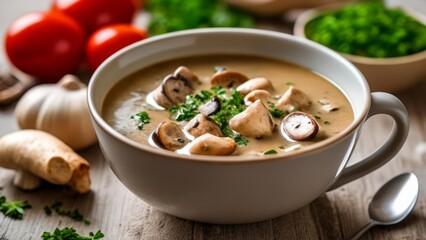  Warm and cozy  A bowl of mushroom soup with fresh herbs
