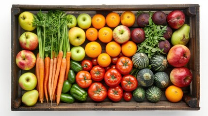 Overhead view of a rustic wooden crate filled with a colorful assortment of fresh fruits and vegetables like apples, oranges, carrots, and tomatoes, arranged neatly against a clean white background.