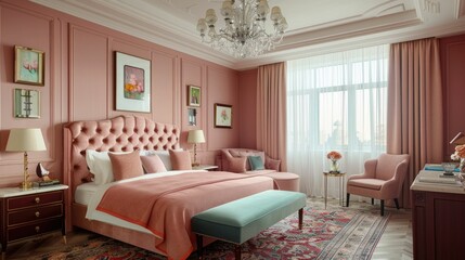 A sophisticated bedroom features pink decor, plush furnishings, large window, and elegant chandelier.