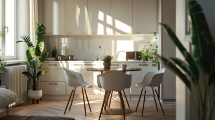 A modern kitchen interior features white cabinets, a wooden dining table with four white chairs, and a window letting in natural light.
