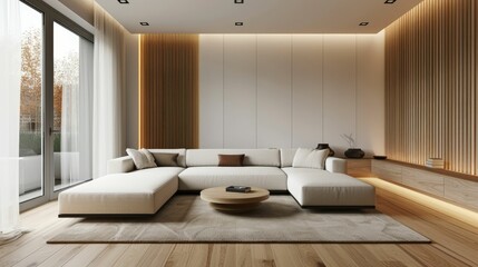 A minimalist living room featuring a white sectional sofa, wooden accents, and neutral tones.