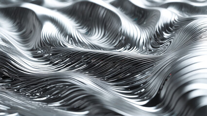 Naklejka premium Under the soft illumination, the flowing silver metallic surface with a fluid wavy pattern captivates the viewer's gaze, creating an ever-changing play of light and shadow, Generative AI