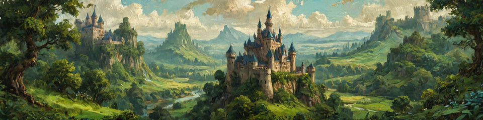 Fototapeta premium Majestic castles and lush greenery are depicted with bold, thick oil layers, forming a fantasy landscape filled with wonder and magic, Generative AI