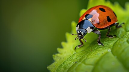 Fototapeta premium Small red-orange ladybug on a green leaf
