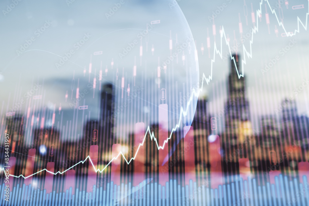 Poster abstract creative financial graph interface and world map on blurry skyline background, forex and in
