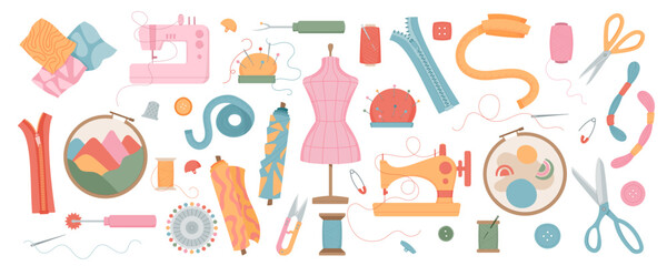 Set of sewing machine, needle, and thread, with fabric pieces. Tailor mannequin, scissors, thimble, and pin cushion. Cute illustration of supplies for tailor, embroidery, handmade sewing, and crafting