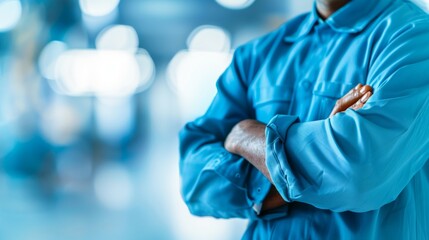 Close-up of a worker in blue uniform with crossed arms, with copy space blurred background, representing professionalism and confidence in an industrial environment.