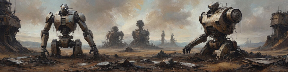 Obraz premium The aftermath of a robotic takeover is brought to life through bold, layered oil strokes, highlighting the remnants of human civilization and the rise of AI, Generative AI