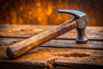 old hammar on rustic wooden table. Home repair tool