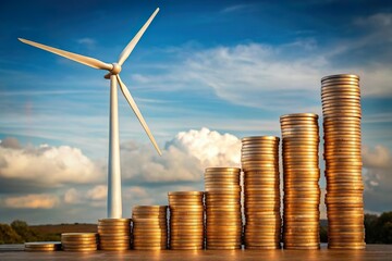wind turbine and gold coin stack. Renewable energy business growth and profit