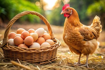egg basket and chicken in garden. poultry farming industry