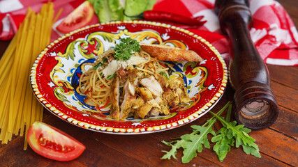 Chicken Pasta served in an antique plate
