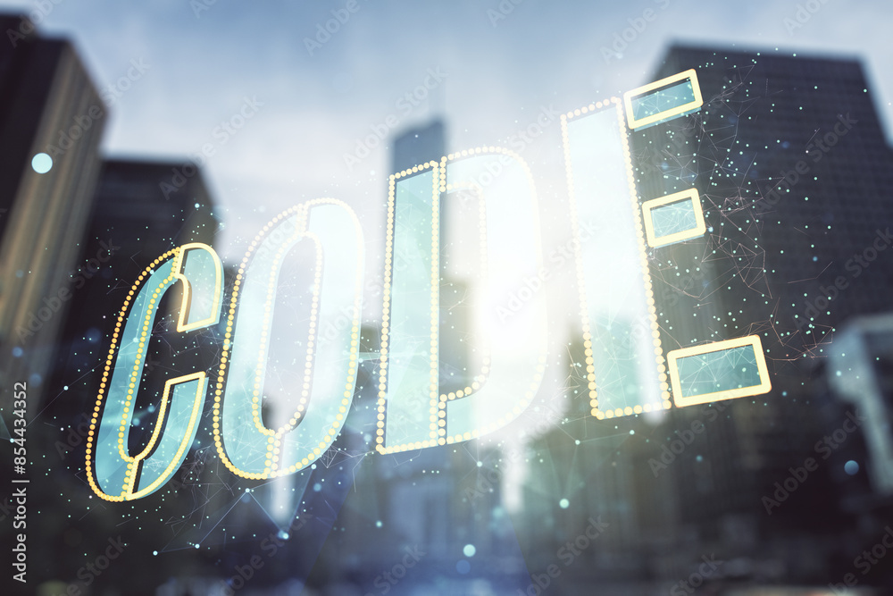 Aufkleber code word hologram on modern architecture background, international software development concept. mu