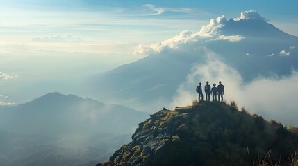 Fototapeta premium Millennial friends on a hiking trip celebrate reaching the summit and admire the view, back view. 