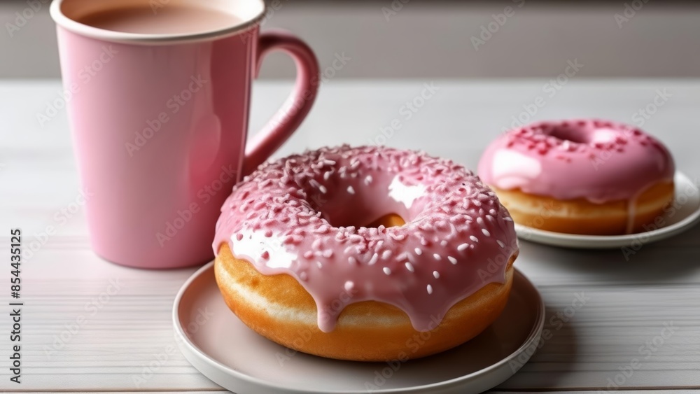 Poster  Sweet indulgence  A pink donut and coffee moment