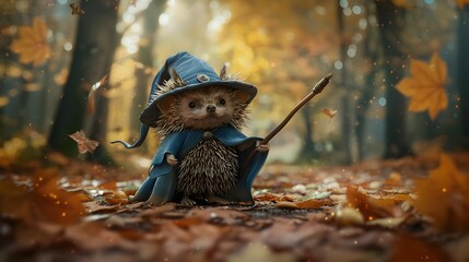Obraz premium Adventurous Hedgehog Exploring Enchanting Autumnal Forest Landscape