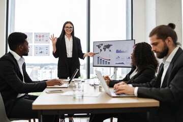 Business woman gives report to multiracial colleagues standing near graphs on monitor and charts on display. Diverse team engaged in presentation, discussing company's performance and strategies.