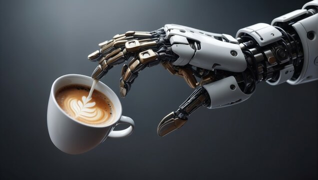 A robotic hand pours cream into a cup of coffee, creating a delicate latte art design