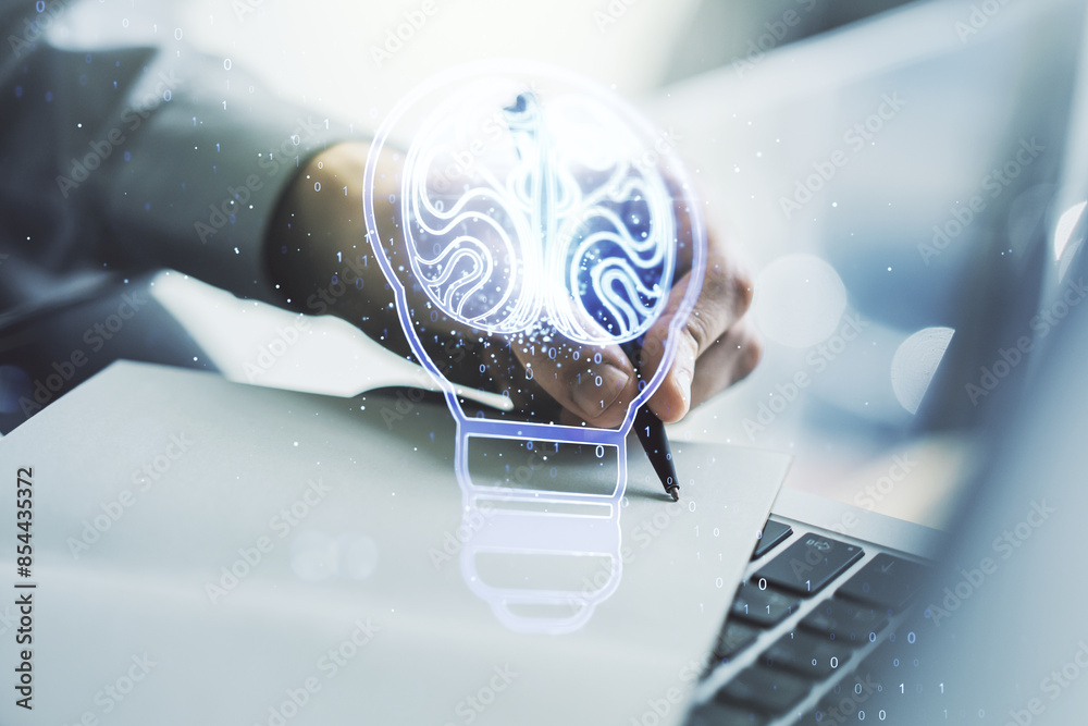 Fototapete creative light bulb with human brain hologram and hand writing in notepad on background with laptop,
