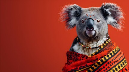 Obraz premium Surreal of an Australian Koala Wearing Aboriginal Inspired Attire on Plain Red Background