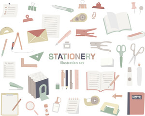 手描き風　文房具　かわいい　道具　セット　イラスト　ノート　勉強　学習　学校　生活雑貨　線なし　雑貨