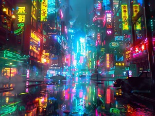 Fototapeta premium Vibrant neon city street at night with colorful lights reflecting on wet pavement, creating a futuristic and cyberpunk atmosphere.