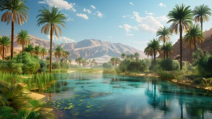 Fototapeta premium An alternate image of a lush oasis with palm trees located in the middle of a desert. Turquoise water and greenery contrast with the sandy dunes