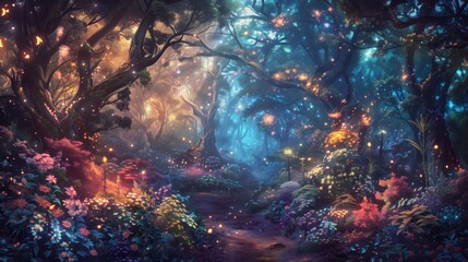 An enchanting forest with glowing plants and magical creatures bathed in soft colorful light evoking a sense of wonder and fantasy
