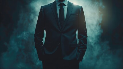 A mysterious figure in a suit stands in a smoky, dimly lit room. The image conveys secrecy, power, and intrigue.