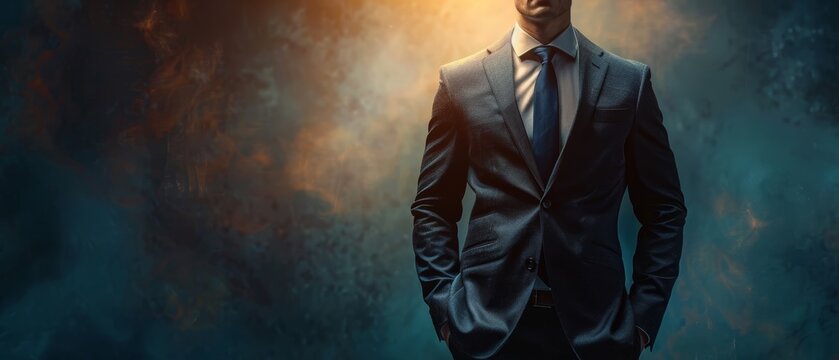 A mysterious businessman stands against a smoky backdrop, radiating confidence and power.
