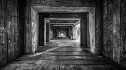 Rustic Symmetry in Monochrome: Vibrant Colors Pop at Eye Level with Motion Blur Accents