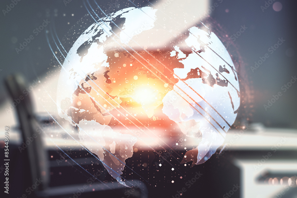 Aufkleber abstract creative world map and modern desktop with computer on background, international trading co