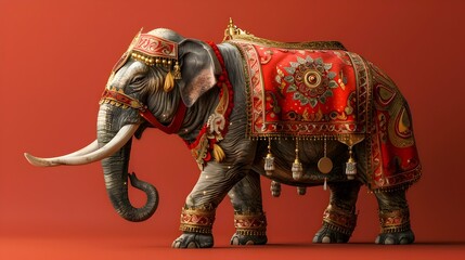 Surreal of Elaborately Adorned Thai Elephant in Traditional National Costume