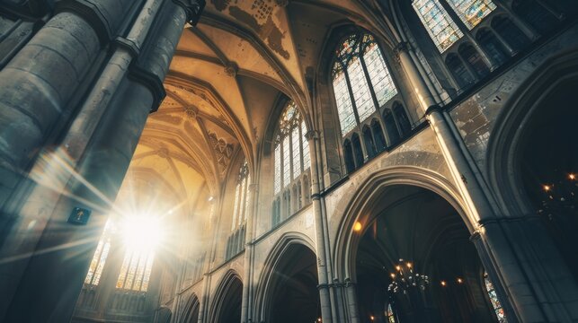 Gothic Geometric Abstraction: Textured Dutch Angle with Lens Flare and Vibrant Saturation