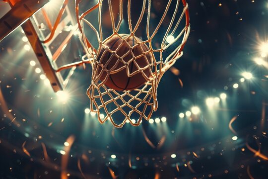 Bal&oacute;n de baloncesto atravesando la red en un tiro exitoso durante un partido, con luces y confeti en el fondo