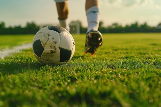 Futbolista pateando un bal&oacute;n en un campo de f&uacute;tbol al aire libre en un d&iacute;a soleado, con enfoque en la acci&oacute;n y el movimiento