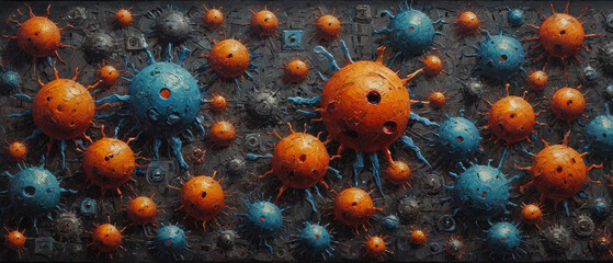 Surreal oil painting on canvas with thick paint layers and raised textures, depicting the menacing forms of computer viruses, blending abstract digital elements with tactile artistry, Generative AI