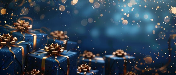 Blue gift boxes with gold bows and sparkling lights.