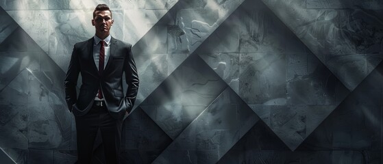 Confident businessman in suit standing against a geometric background.