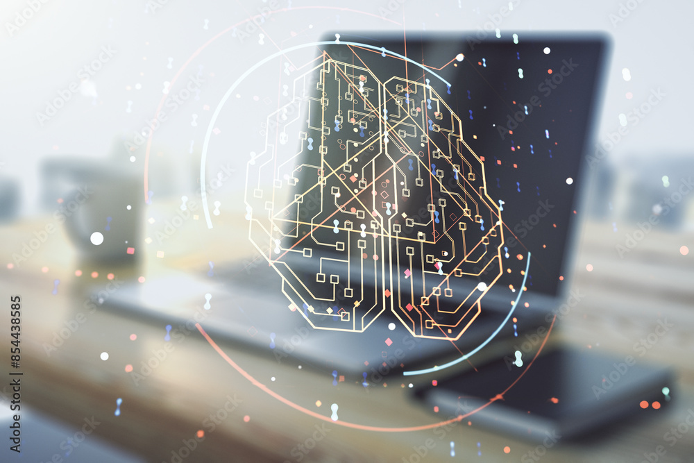 Poster double exposure of creative human brain microcircuit and modern desk with computer on background. fu