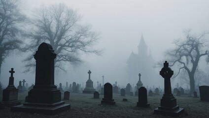 A ghostly silhouette floats above a graveyard covered in thick fog at dawn, halloween mood
