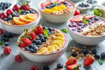 Healthy breakfast setup with smoothie bowls, fresh fruits, and granola, colorful and appetizing, bright and natural lighting
