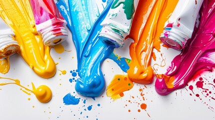 High-angle shot of paint tubes bursting with color, their vibrant contents spilling slightly, against white