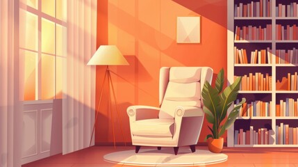 A cartoon illustration of a living room featuring a plush armchair placed in front of a window, with a floor lamp and a bookshelf filled with books.