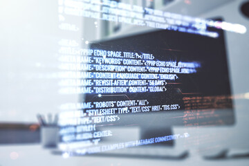 Multi exposure of abstract graphic coding sketch and modern desktop with pc on background, big data and networking concept