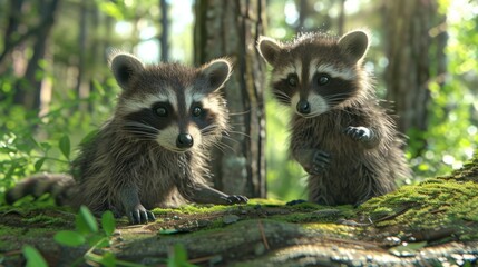 Fototapeta premium Two young raccoons with black masks sit on a mossy log in the middle of a lush green forest.